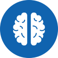 A blue and white icon of two brains.
